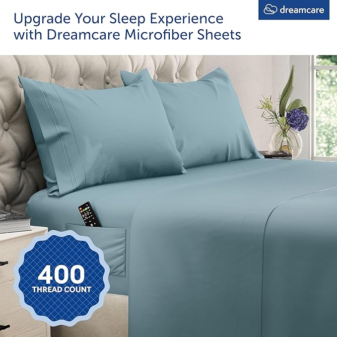 DREAMCARE King Size Sheets Set - Cooling Bed Sheets - 4pcs Set - up to 15" Deep Pocket King Sheet Set – Soft & Long Lasting Cooling - 100% Fine Brushed Microfiber with Side Pocket - Mineral Blue DREAMCARE