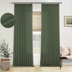 Pleated Linen Olive Green Curtains 102 Inches Long 2 Panels Set for Living Room Bedroom Neutral Farmhouse Cotton Linen Blend Back Tab Memory Shape Pinch Pleat Ceiling Floor 102 Inch Window Curtain