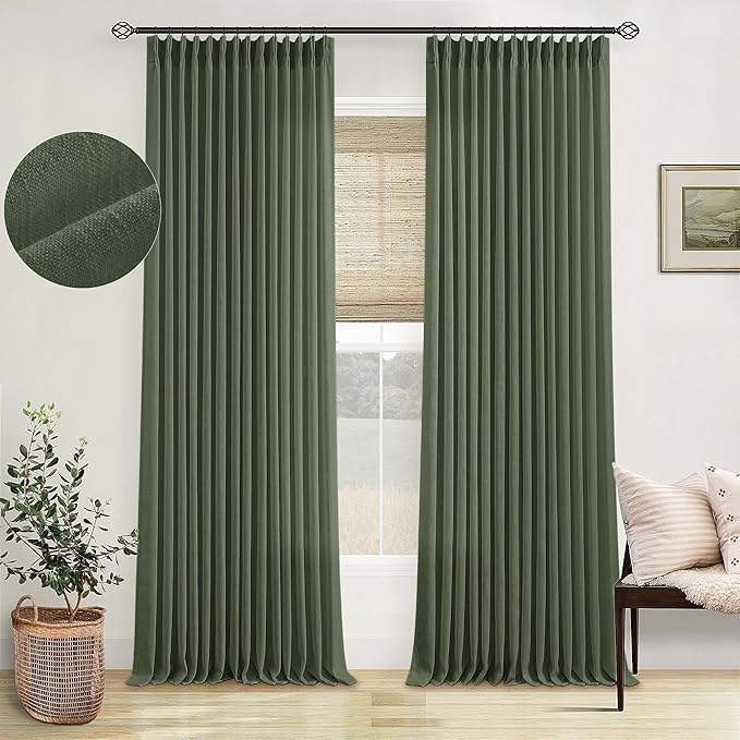 Pleated Linen Olive Green Curtains 102 Inches Long 2 Panels Set for Living Room Bedroom Neutral Farmhouse Cotton Linen Blend Back Tab Memory Shape Pinch Pleat Ceiling Floor 102 Inch Window Curtain