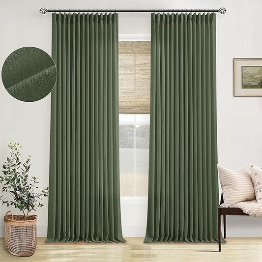 Pleated Linen Olive Green Curtains 102 Inches Long 2 Panels Set for Living Room Bedroom Neutral Farmhouse Cotton Linen Blend Back Tab Memory Shape Pinch Pleat Ceiling Floor 102 Inch Window Curtain