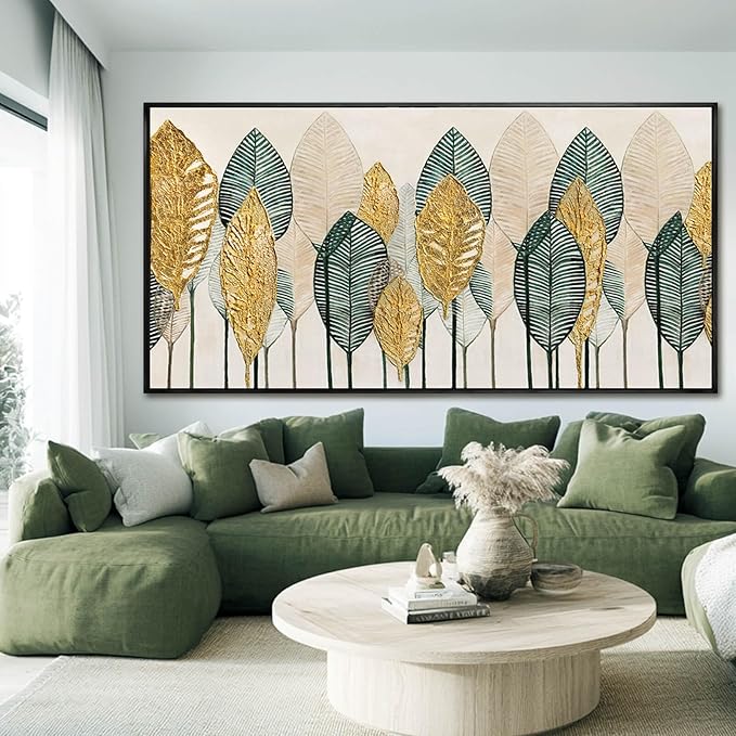 Contemporary Framed Wall Art Green and Gold Wall Decor Leaves Wall Prints Line Wall Posters 29"x58" Living Room Decorations Kitchen Art