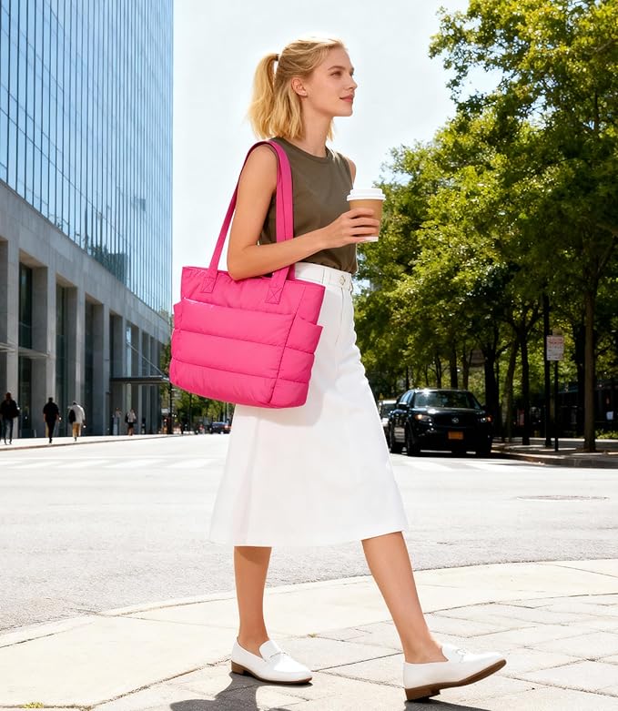 Puffer Tote Bag for Women, Cute Quilted Carryall with Zippered Compartments Shoulder Bag Handbag for Work, Travel, Gym