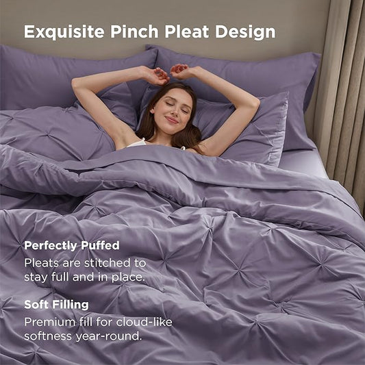 Bedsure Twin Comforter Set Grayish Purple - Bed in a Bag Twin Size Bedding 5 Pieces, GentleSoft™ Pintuck Bed Set Gift for Family, Pinch Pleat Grayish Purple Comforter with Sheets, Pillowcase & Sham