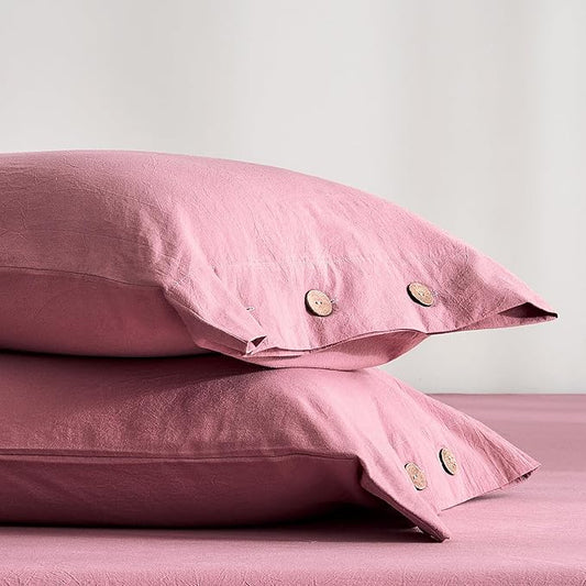 JELLYMONI 100% Washed Cotton Standard Pillowcases Set, 2 Pack Linen-Like Texture Breathable Pillow Covers with Button Closure,Maroon Standard 20"×26"(Pillows are not Included)
