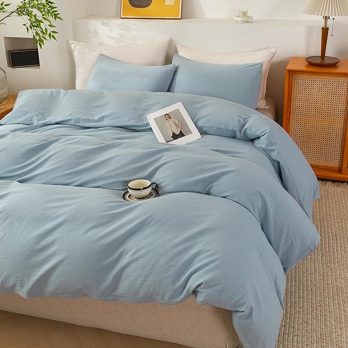 ECOCOTT 100% Washed Cotton Duvet Cover Twin Size – Soft & Breathable Linen Feel Bedding Set, 3 Pieces Light Blue Comforter Cover with Zipper Closure for All Seasons