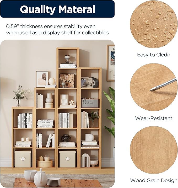 4 Cube Storage Organizer Single Row, Cube Shelf with Heavy-Duty Thick Boards, 13.31"L x 9.37"W x 48.82"H, Smooth Easy-Clean Panels, Simple Assembly, for Living Room Bedroom Office, Natural-Oak