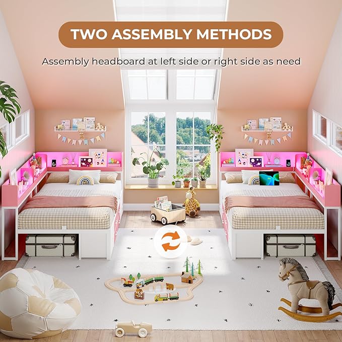 VIAGDO Corner Bed Frame with Storage Bookcase and 6 Drawers, Twin XL Metal Platform Corner Bed Frame with LED Lights and Charging Station, Twin XL Daybed for Kids Teenagers, Pink