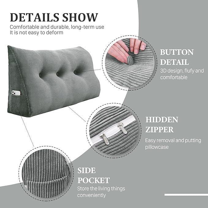 11 lbs Thickened Queen Wedge Pillow Headboard Body Positioner Triangular Reading Pillow Bed Bolster Pillow for Sitting in Bedwith Removable Cover Gift for Dad Backrest Cordury Gray