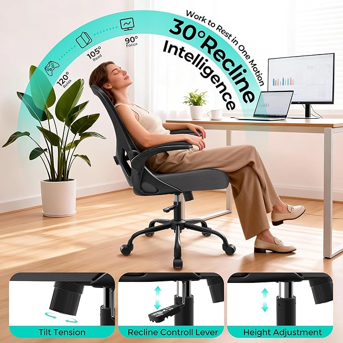 Office Chair - Ergonomic Breathable Mesh Desk Chair with Adjustable Lumbar Support and Flip-up Armrests - Executive High Back Rolling Swivel Comfortable Computer Gaming Chair for Home Office