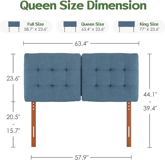 Upholstered Headboard Queen Size, Adjustable Height Queen Headboard Only from 39”to 44”with Durable Solid Wood Legs, Modern Button Diamond Fabric Bed Head Board with Width Adapters, Blue