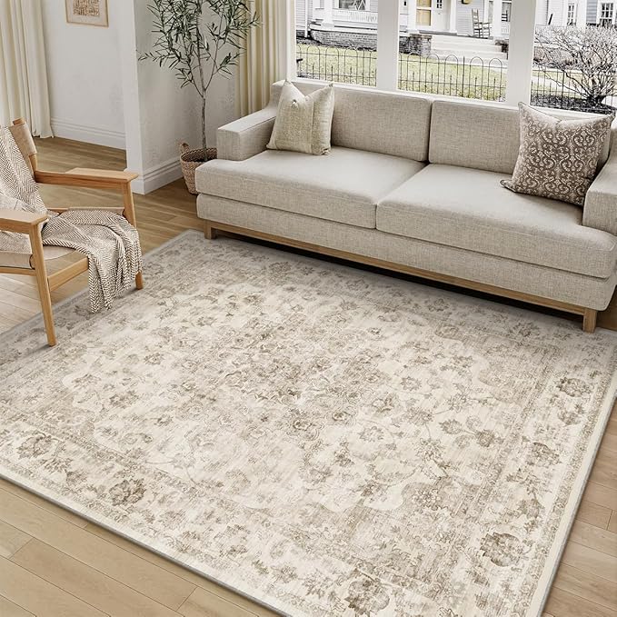 5x7 Washable Neutral Area Rug Beige Vintage Living Room Bedroom Carpet Non-Slip Soft Medium Pile Floral Indoor Throw Rug for Dining Room Entryway Office