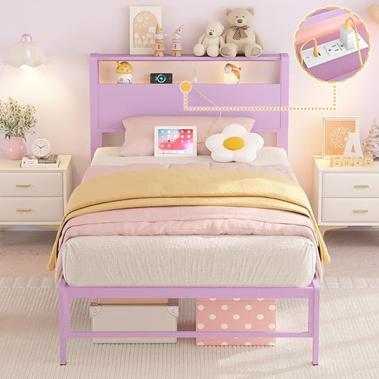 Twin Bed Frames with Charging Station, 2 Tiers Storage Headboard Twin Sized Bed No Box Spring Needed Heavy Duty Metal Platform for Girls, Purple