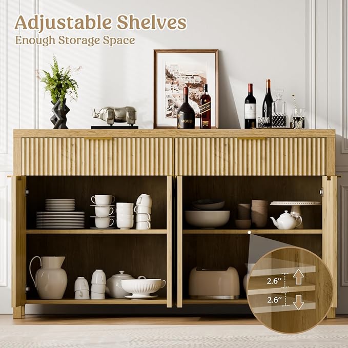 Lulive Fluted Buffet Cabinet with Storage 55 inch Wood Large Sideboard with Adjustable Shelves for Entryway Kitchen Living Room