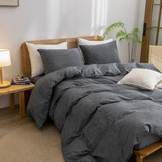 BESTOUCH Duvet Cover Set 100% Washed Cotton Linen Feel Super Soft Comfortable Chic Lightweight 3 PCs Home Bedding Set Solid Dark Black Full/Double