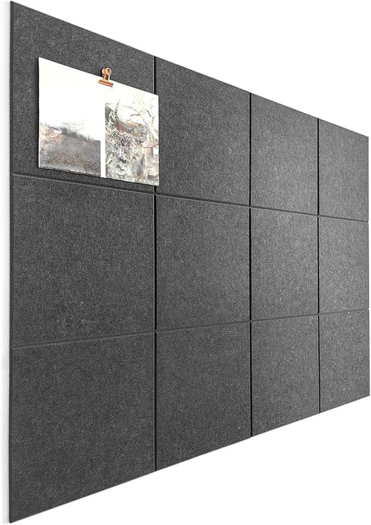 Office Cork Board Alternative | Gray Felt Tiles (12-Pack) | Felt Bulletin Board for Home | Wall Organizer for Office | Large Cork Boards | Pin Board Display | Dart Board Wall Protectors | Gray Black