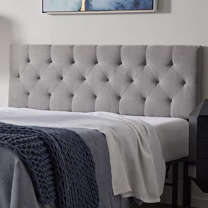Lucid Mid-Rise Upholstered Headboard - Diamond Tufted - Padded Polyester - Adjustable Height from 34” to 46” - Easy Assembly - Bed Frame or Wall Mount - Sturdy - Stone - Queen Size