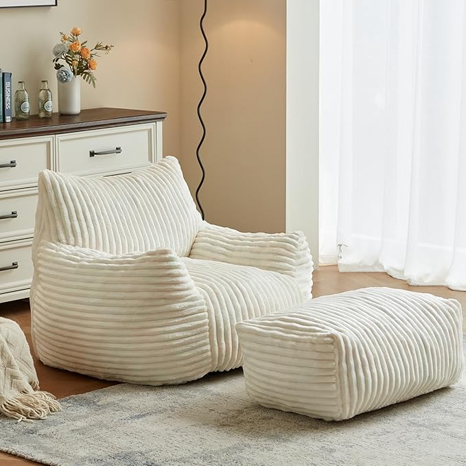 Premium Beige Bean Bag Chair for Adults with Armrest- Ultra Plush Memory Foam Lounge Sofa & Comfy Reading Nook Chair for Bedroom, Living Room & Dorm (White, with Footrest)