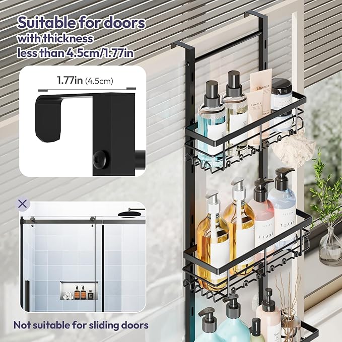 SWTYMIKI Over The Door Shower Caddy - 4 Tier Rustproof Hanging Shower Organizer with Adjustable Shelves, 40 Hooks & Soap Holder, Hanging Shower Rack Storage for Bathroom Accessories, Black