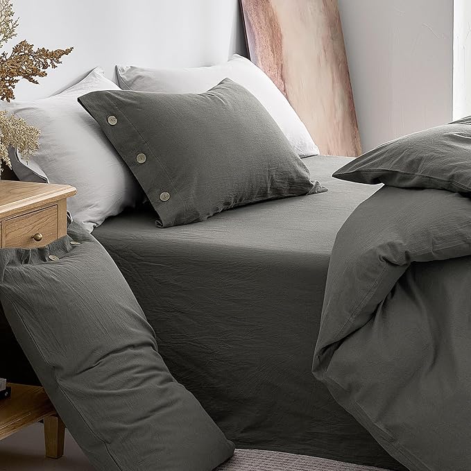JELLYMONI 100% Washed Cotton Duvet Cover King – Soft, Breathable Linen-Look Bedding with Natural Wrinkle Texture, Button Closure, 3-Piece Set (Dark Grey, 104"x90")