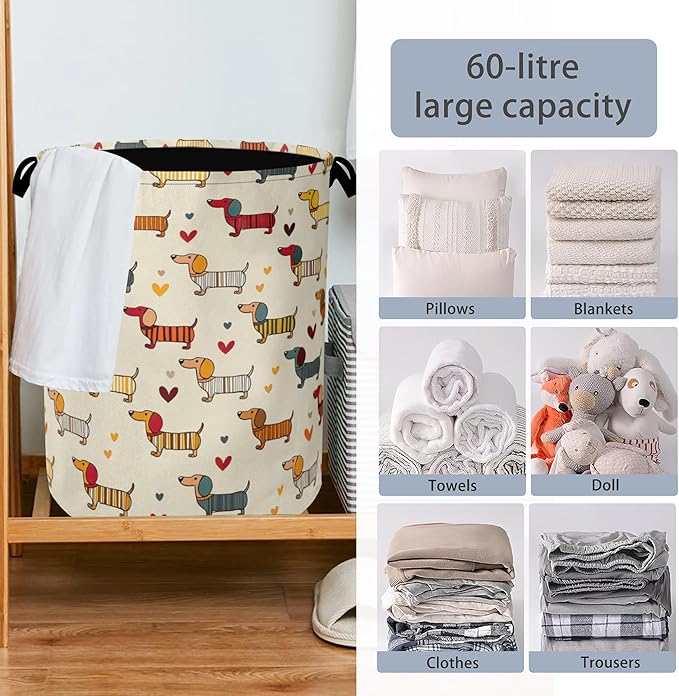 Cute Dachshund Dog Laundry Basket,Foldable with Handles Tote Bag Oxford Cloth for Bathroom Bedroom Dirty Clothes Storage Bucket 16" x 20.8"