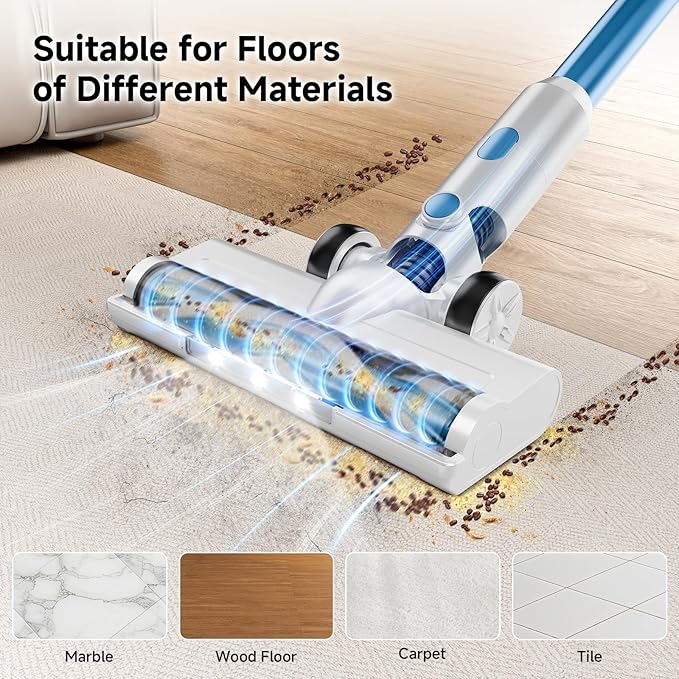 Cordless Vacuum Cleaner for Home - Lightweight, Stick Vacuum Clean with Rechargeable Battery, Max 45Mins Runtime, 8 in 1 Handheld Vacuum for Hardfloor & Carpets Pet Hair, Blue&White