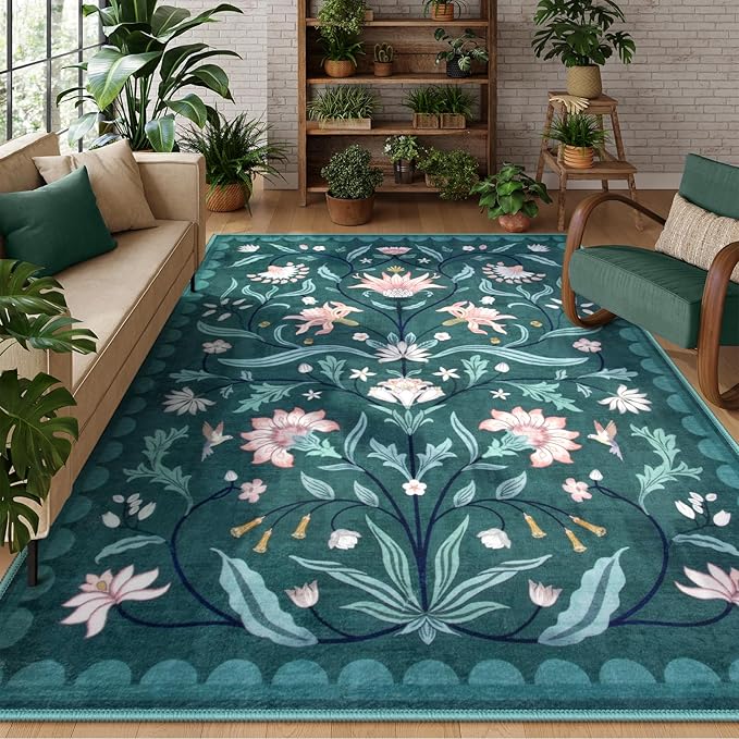 Lahome Boho Floral Washable Dark Teal 8x10 Area Rugs for Living Room, Non Slip Rugs for Bedroom, Ultra-Thin Indoor Throw Dining Room Carpet for Under Table Home Office Playroom(Dark Teal,8x10)