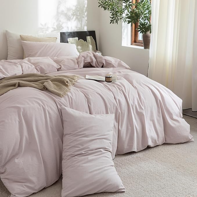 FOSSA Duvet Cover Set 100% Washed Cotton Linen Feel Super Soft Breathable Cozy 3 Pieces Bedding Sets Solid Greyish Pink Oversized King