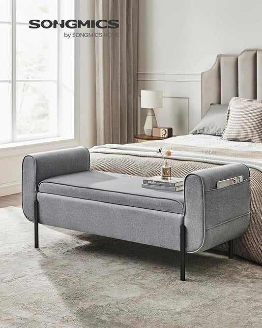 SONGMICS Storage Bench with Armrests, Ottoman for Living Room, Bedroom, Entryway, Steel Legs, Light Gray ULOM072G02
