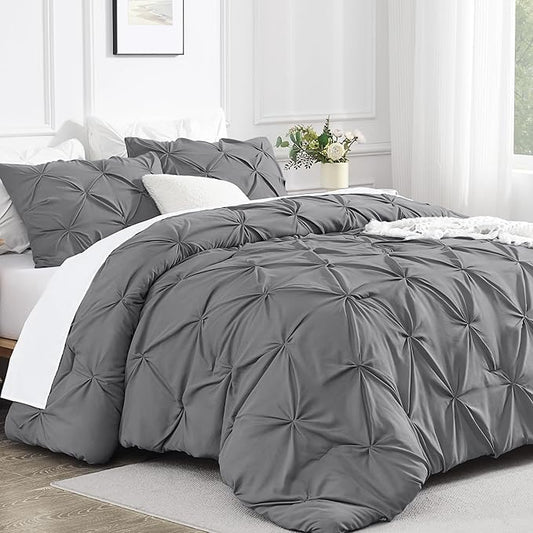 Andency Medium Gray Pinch Pleat Comforter Full(79x90Inch), 3 Pieces(1 Down Alternative Comforter and 2 Pillowcases) Grey Bed Set Microfiber Pintuck Bedding Set