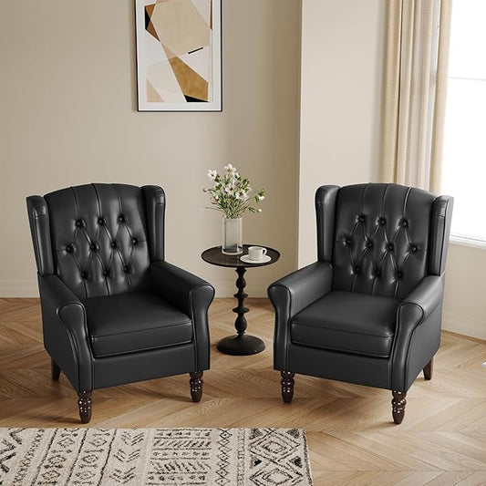 Lumibee High Back Accent Chairs Set of 2,Upholstered Faux Leather Wingback Armchairs with Solid Wood Legs for Small Spaces,Comfy Single Sofa Chairs for Living Room,Bedroom-Carbon Black