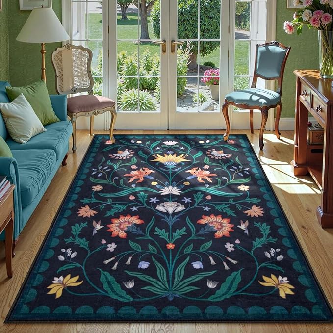Lahome Boho Floral Washable Blue 5x7 Area Rugs for Living Room, Non Slip Rugs for Bedroom Entryway, Indoor Ultra-Thin Throw Dining Room Carpet for Under Table Kitchen Dorm(Dark Blue,5x7)