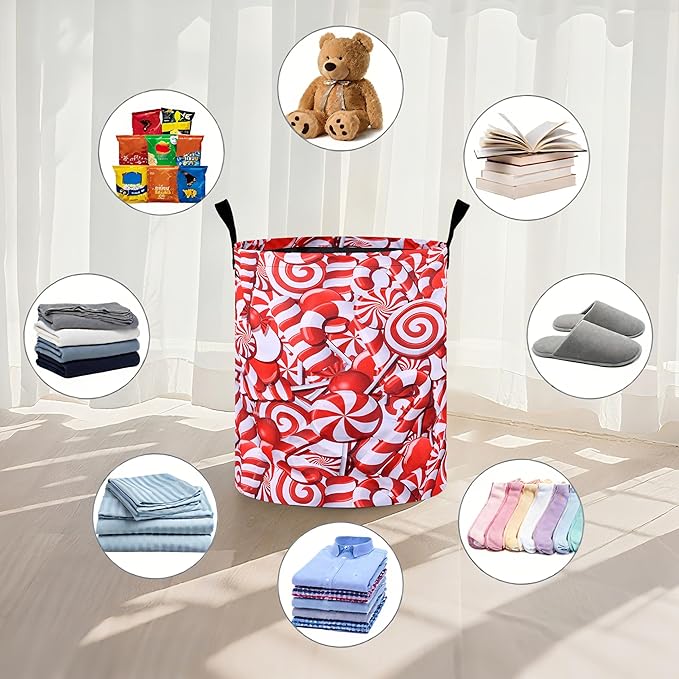Christmas Candies Laundry Basket Foldable Oxford Cloth Tote Bag Laundry Hamper Clothes Storage Bucket Organizer For Bathroom/Laundry Storage/Bedroom 19.6x15.7 Inch