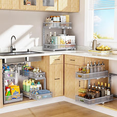 Uder Sink Organizer, High Adjustable 2 Tier Under Sink Organizers and Storage, Slide Out Metal Cabinet Organizers, Pull Out Sink Storage Drawer Shelf for Kitchen Bathroom Cabinet, Grey, 2 Pack