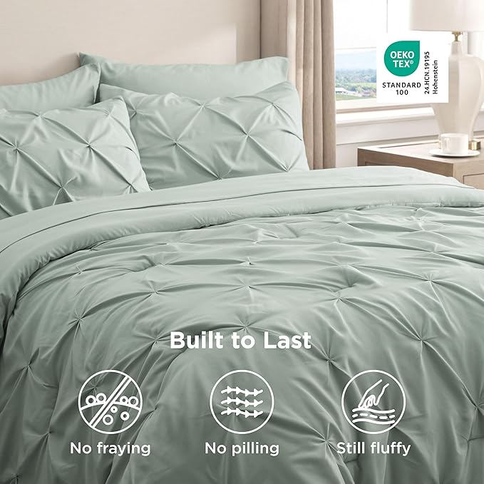 Bedsure Queen Comforter Set Sage Green - Bed in a Bag Queen Size Bedding 7 Pieces, GentleSoft™ Pintuck Bed Set Gift for Family, Pinch Pleat All Season Comforter with Sheets, Pillowcases & Shams