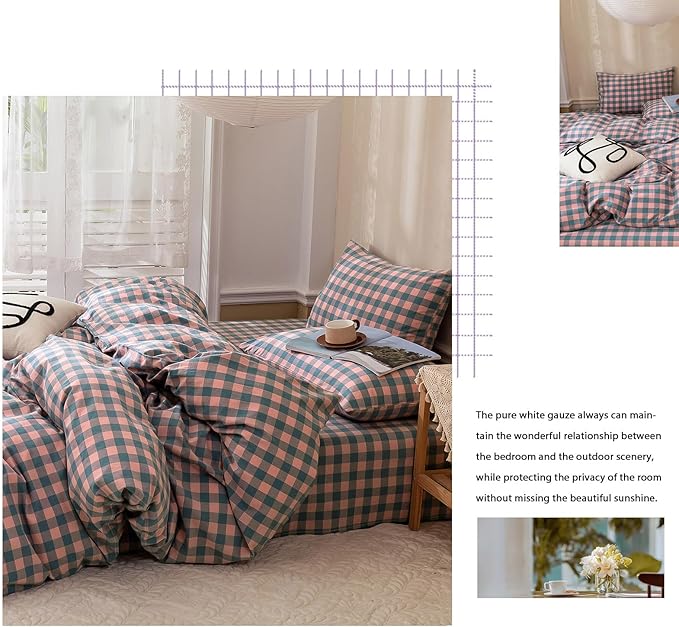 VM VOUGEMARKET 3 Pieces Gingham Duvet Cover Set King Washed Cotton Pink Purple Blue Plaid Checkered Printed Comforter Cover with Zipper Soft Lightweight & Breathable Quilt Cover Set