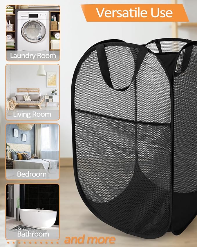 2 Pack Durable Collapsible Laundry Baskets - Reinforced Mesh Pop Up Laundry Hamper with Pocket, Foldable Dirty Clothes Hamper with Carry Handles for Laundry, Bathroom, Kids Room, Dorm or Travel Black