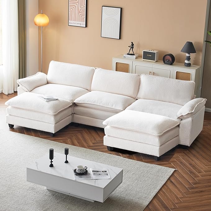 VINGLI 122" Cloud Teddy White Convertible Sectional Sofa, Comfy U-Shape Extra Deep Seat Sofa Couch for Living Room,Modern Chenille 3-Seat Convertible Sofa with 2 Movable Ottomans for Small Space