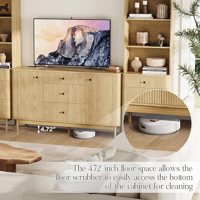 59" Sideboard Buffet Cabinet with Storage, Modern Fluted Accent Credenza with Charging Station, Wood Mid Century Buffet Table Coffee Bar Console Table with 3 Drawers & 2 Doors for Kitchen, Entryway