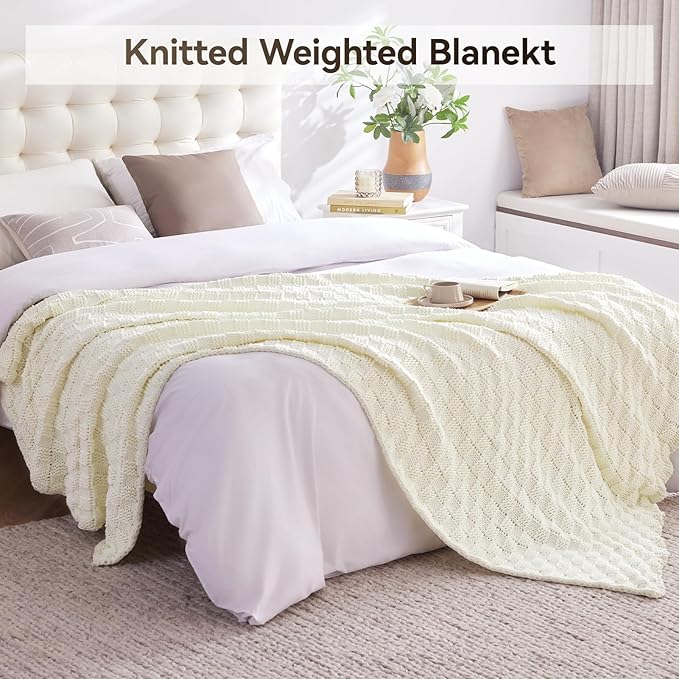 Knitted Weighted Blanket for Adult, No Beads Heavy Blanket 48” x 72'' 12lbs, Breathable Chunky Knit Blanket, Cooling Weighted Blanket for Hot Sleepers, Christmas Home Decor (Ivory White)
