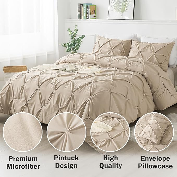 Andency Khaki Pinch Pleated Comforter Set King (104x90Inch), 3 Pieces Pintuck Microfiber Down Alternative Beddding Set(1 Pintuck Comforter, 2 Pillowcases)