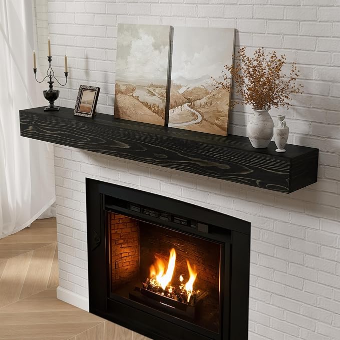 Fireplace Mantel 60inch, Solid Wood Mantel Shelf Handcrafted Rustic, Handcrafted Wood Fireplace Mantels Floating Mantle Shelves Decor for Wall, Bedroom, TV, Books, Livingroom 60 X 8 X 5 - Black