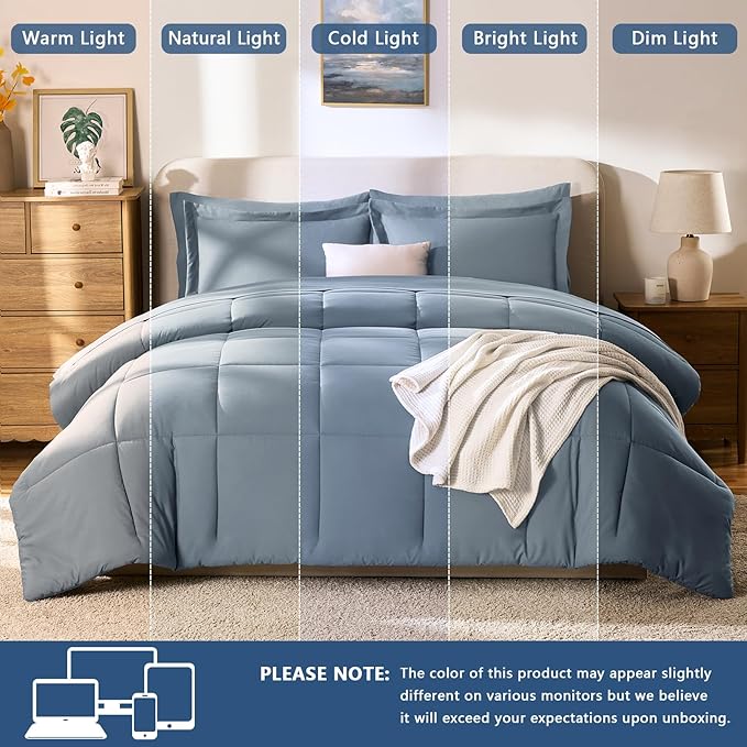 CozyLux King Size Comforter Set Grayish Blue - 7 Pieces Bed in a Bag King, Okeo-Tex Certifited Bedding Set, All Season Soft Bed Set with Down Alternative Comforter, Sheets, Pillowcases & Pillow Shams