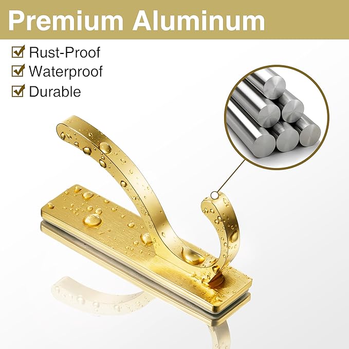 pickpiff Adhesive Wall Hooks for Towels - Sticky Hook Hanging Heavy Duty (13lb), Hanger for Door, Bathroom, Dorm, Closet - for Coats, Purse, Bag, Robe - No Damage to Wall - Brushed Gold 6 Pack