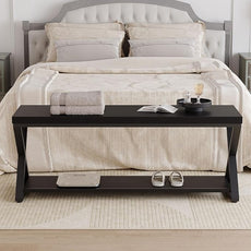 IBF Black Bench, Modern Entryway Bench for Bedroom, Wood Metal Storage Hallway Bench for Dining Living Room, Farmhouse Shoe Rack Indoor Accent Seating Bench for Foyer Entrance, Black Oak, 47 Inch Long