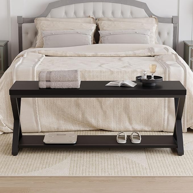 IBF Black Bench, Modern Entryway Bench for Bedroom, Wood Metal Storage Hallway Bench for Dining Living Room, Farmhouse Shoe Rack Indoor Accent Seating Bench for Foyer Entrance, Black Oak, 47 Inch Long