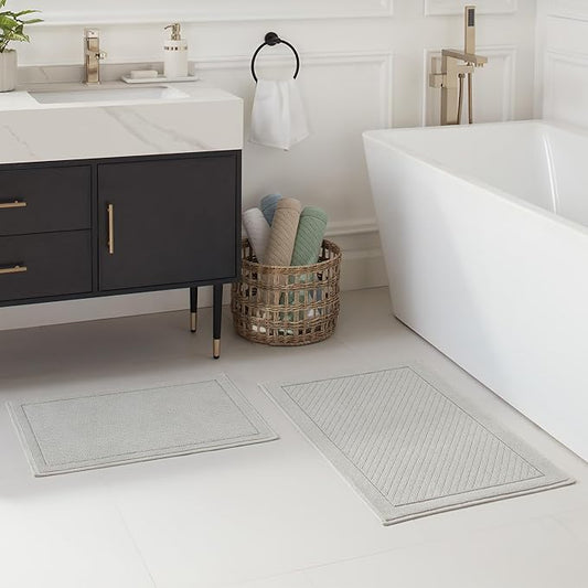 Arkwright 2 Piece 100% Cotton Bathroom Rug Set - High Absorbent Stylish Textured Woven Design Bath Mat, Slip Resistant Backing for Shower and Bathtub Floor, 17x24 & 20x32 in - Grey
