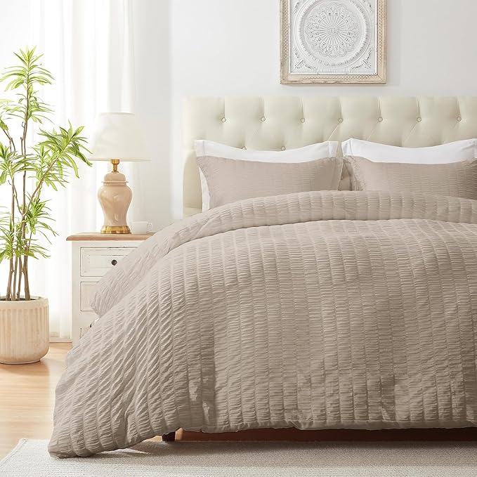 Cozyide Linen Duvet Cover Queen Size, 3 Pieces Bedding Duvet Covers, Soft Breathable Seersucker Duvet Cover Set with Zipper Closure and Corner Ties (1 Duvet Cover 90"x90" + 2 Pillow Shams 20"x26")