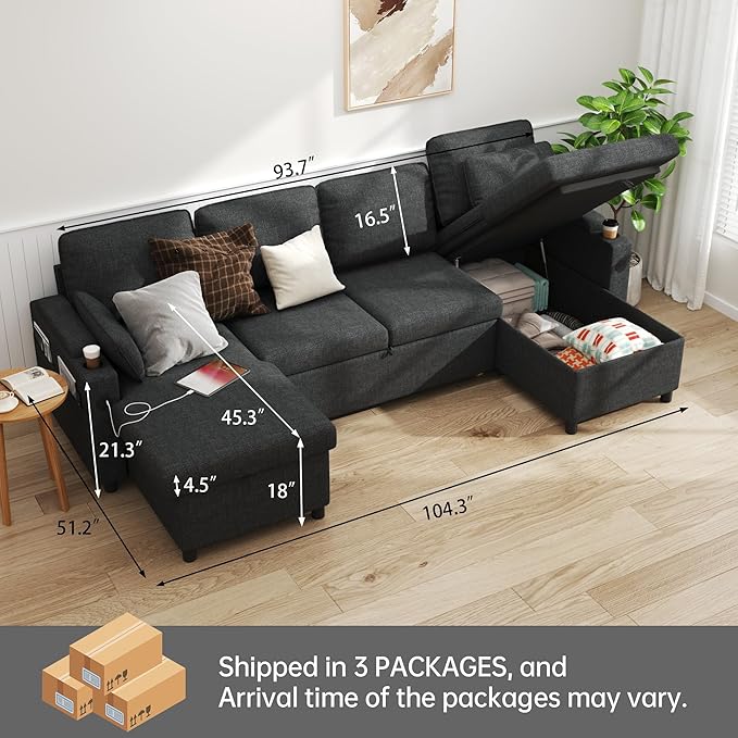 DURASPACE Sofa Bed Sleeper Sofa Pull Out Couch with Double Storage Chaise, Sectional for Living Room, U Shaped Couch with Removable Covers (Dark Gray)