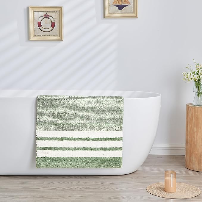 CozeCube Bath mats for Bathroom Non Slip, Fluffy Absorbent Microfiber Bath mat Washable, Aesthetic Bathroom Rugs, Large Sage Green Striped Bath mat, Sage Green, 36" x 24"