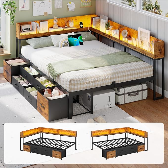 VIAGDO Corner Bed Frame Full with Storage Bookcase and 6 Drawers, Metal Platform Corner Bed Frame with LED Lights and Charging Station, Full Daybed for Kids Teenagers, Rustic Brown & Black